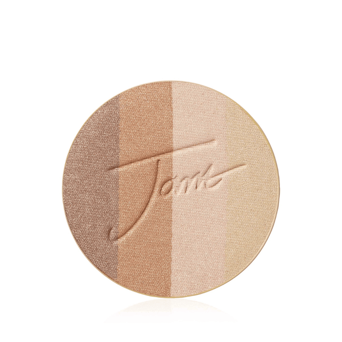 Round bronzer makeup refill with four warm-toned shades and subtle shimmer, embossed with a signature script, for a natural sun-kissed glow, Bronzer Refill | Jane Iredale.