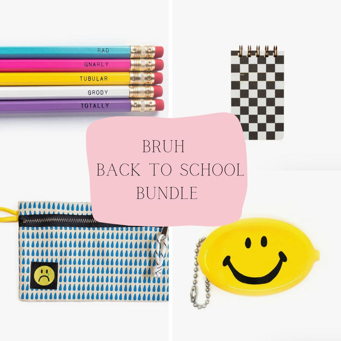 Back to school bundle with colorful pencils, pink pouch, checkered notebooks, blue pouch with sad face, and yellow smiley face keychain on a white background.