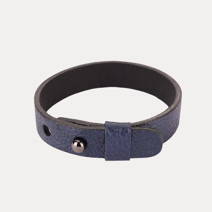 a blue leather bracelet with a silver button