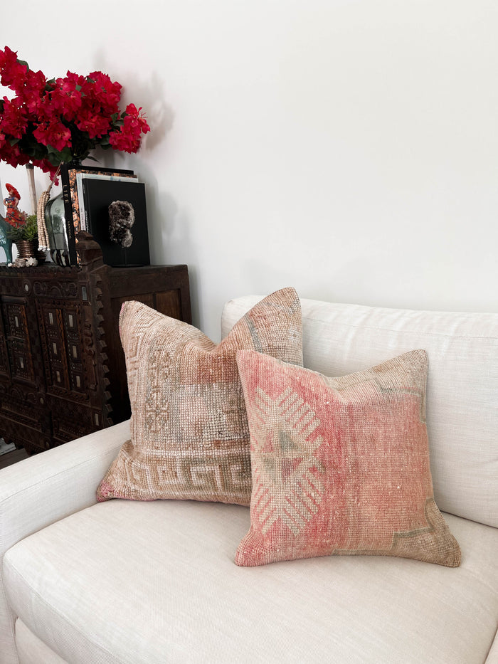 Handmade traditional Turkish oushak pillow cover made with vintage rugs 24x24 pastel