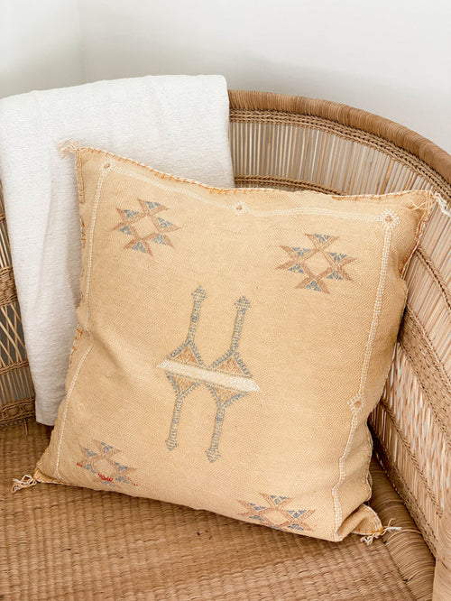 Artisanal Handmade Moroccan embroidered cactus silk sabra lumbar pillow yellow handwoven