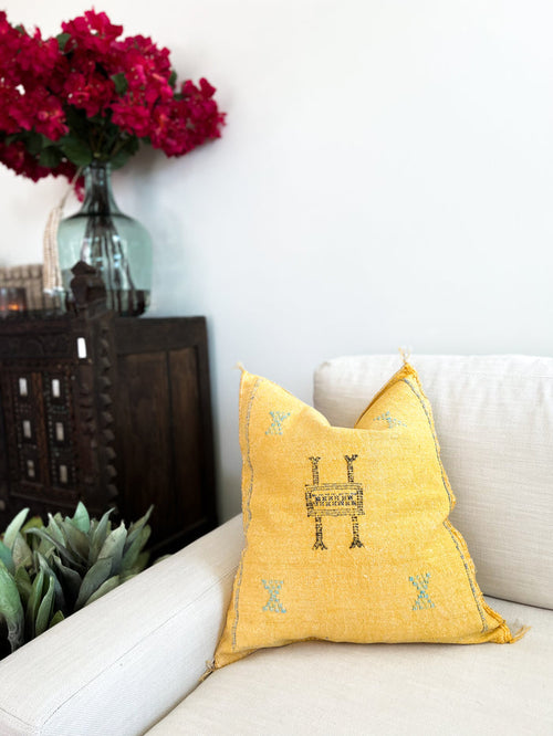 Artisan Handmade Moroccan embroidered cactus silk sabra pillow yellow handwoven