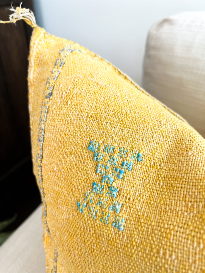 Artisan Handmade Moroccan embroidered cactus silk sabra pillow yellow handwoven