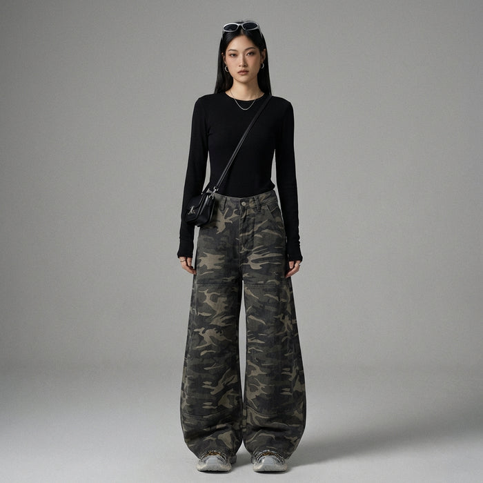 Pantalon cargo denim camouflage coupe large taille haute streetwear K-fashion - Taille XS