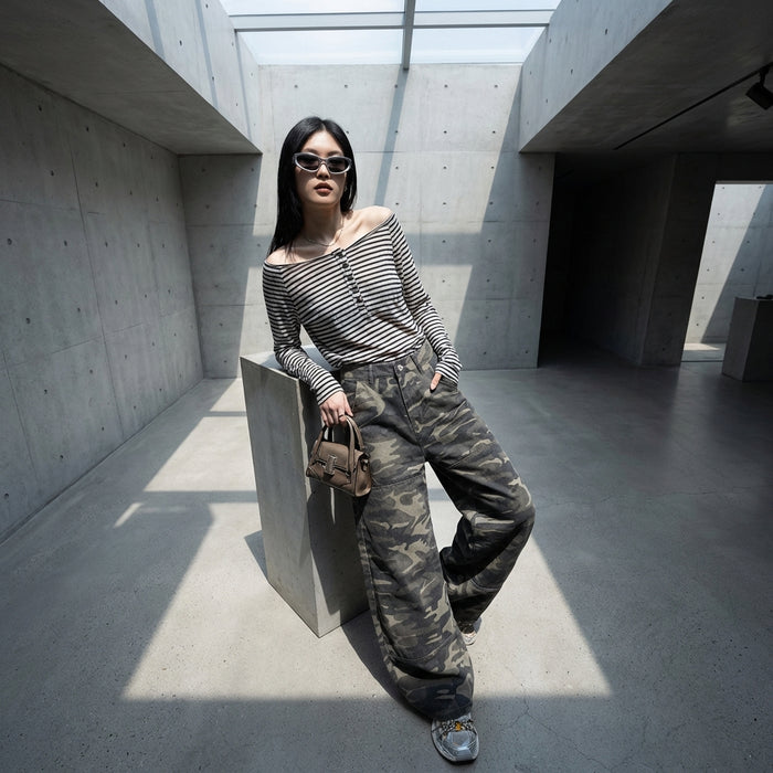 Pantalon cargo denim camouflage coupe large taille haute streetwear K-fashion