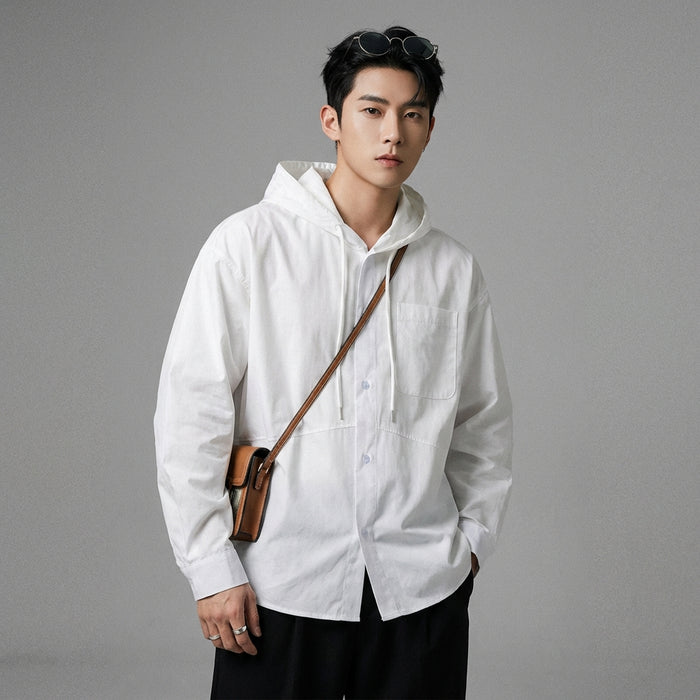 Chemise à capuche unie décontractée avec poches - Style K-fashion unisexe - Taille S