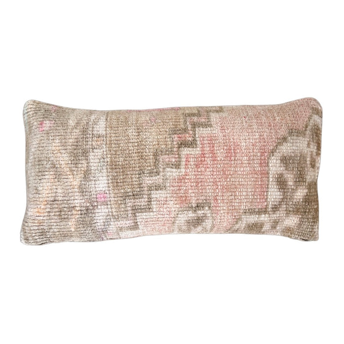 Handmade Turkish oushak pillow cover made with vintage rugs 12x24 beige & pink