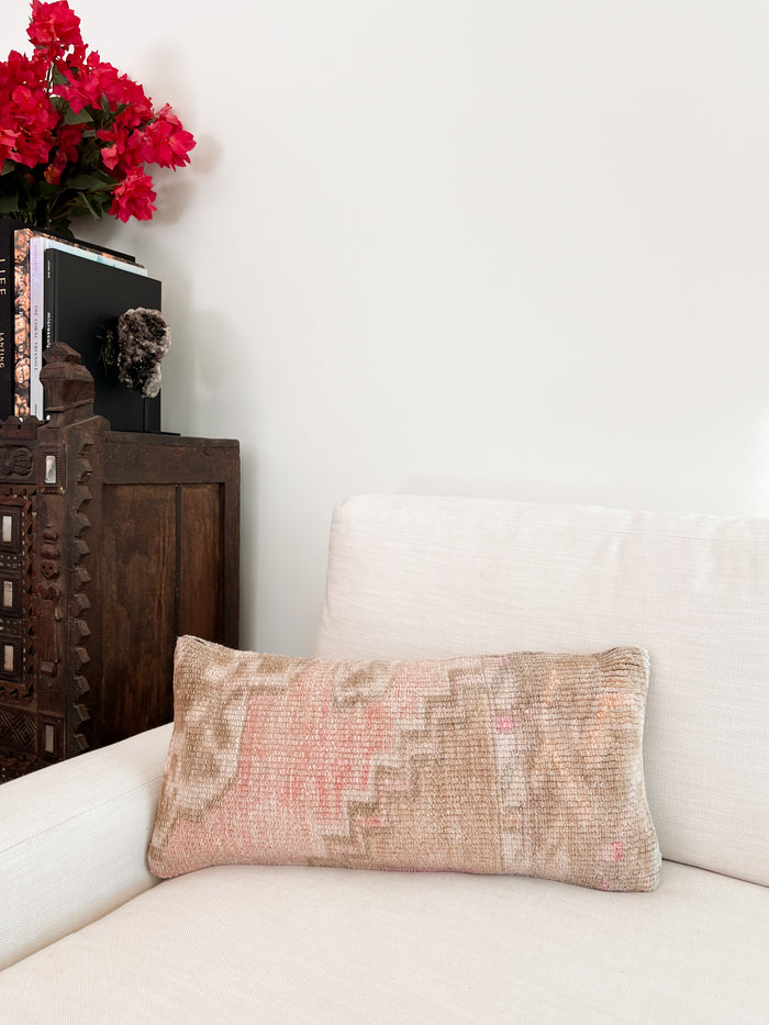 Handmade Turkish oushak pillow cover made with vintage rugs 12x24 beige & pink