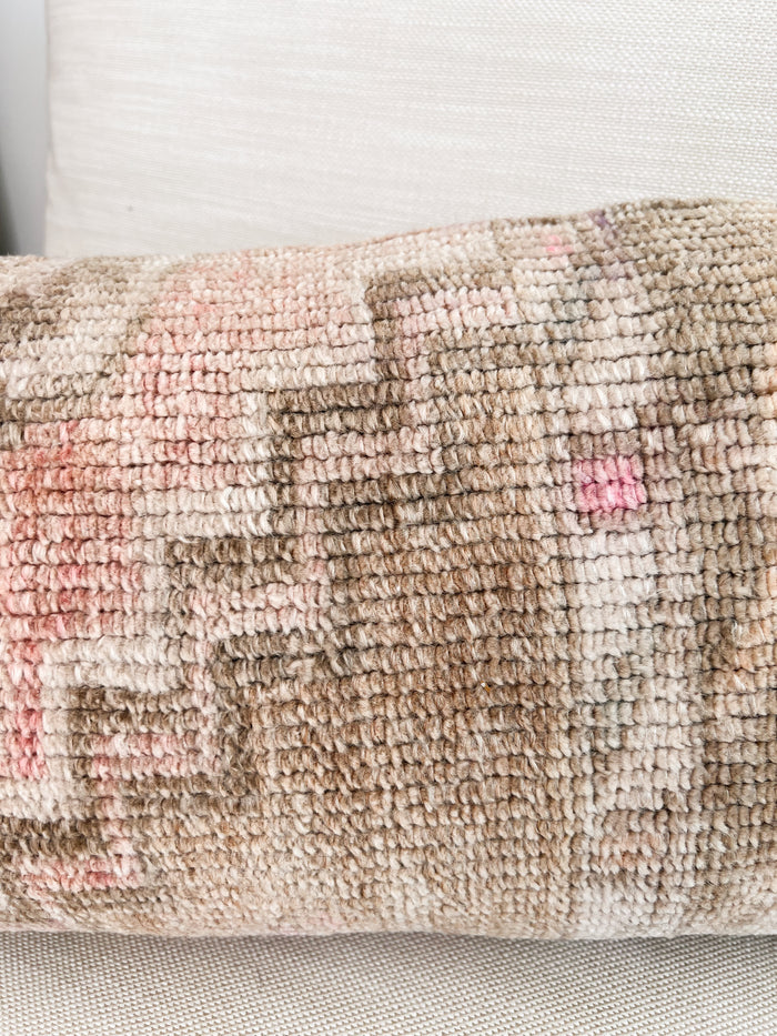 Handmade Turkish oushak pillow cover made with vintage rugs 12x24 beige & pink
