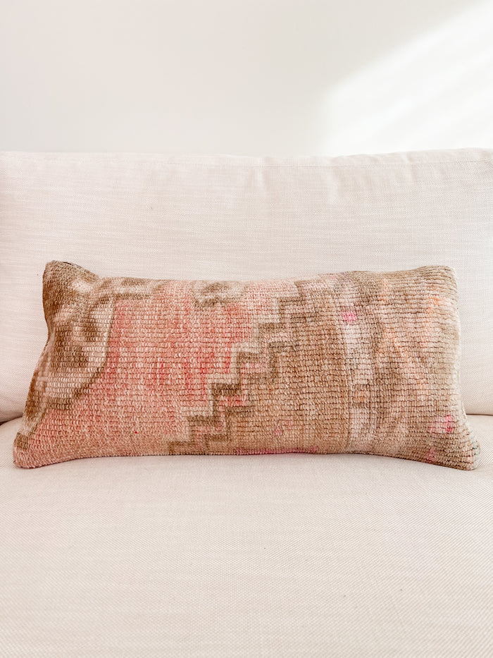 Handmade Turkish oushak pillow cover made with vintage rugs 12x24 beige & pink