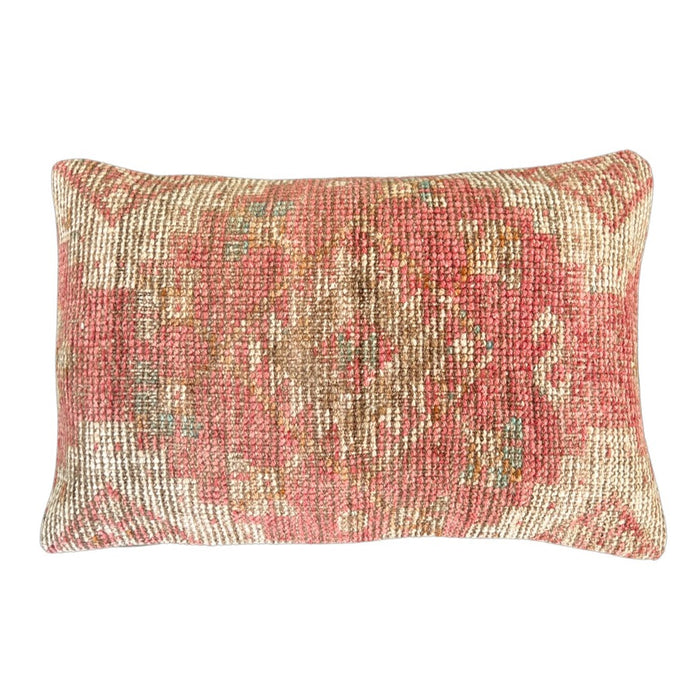 Handmade Turkish oushak pillow cover made with vintage rugs 16x24 beige and pink