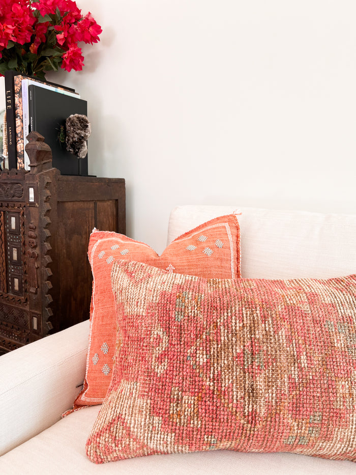 Handmade Turkish oushak pillow cover made with vintage rugs 16x24 beige and pink