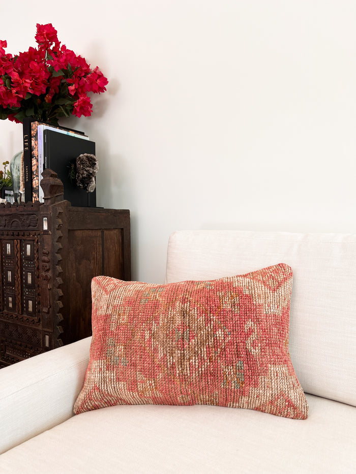 Handmade Turkish oushak pillow cover made with vintage rugs 16x24 beige and pink