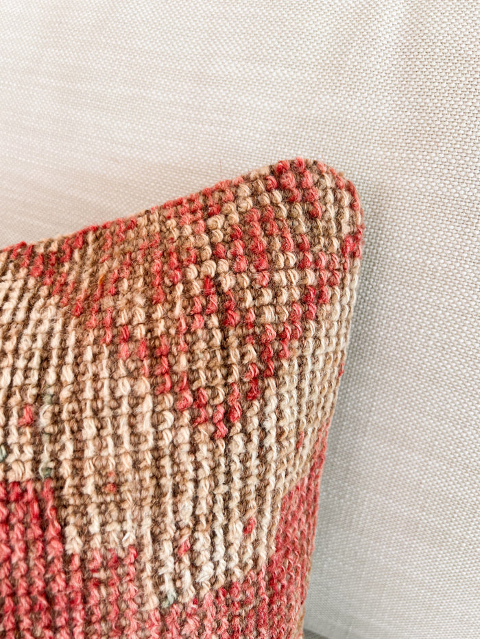 Handmade Turkish oushak pillow cover made with vintage rugs 16x24 beige and pink