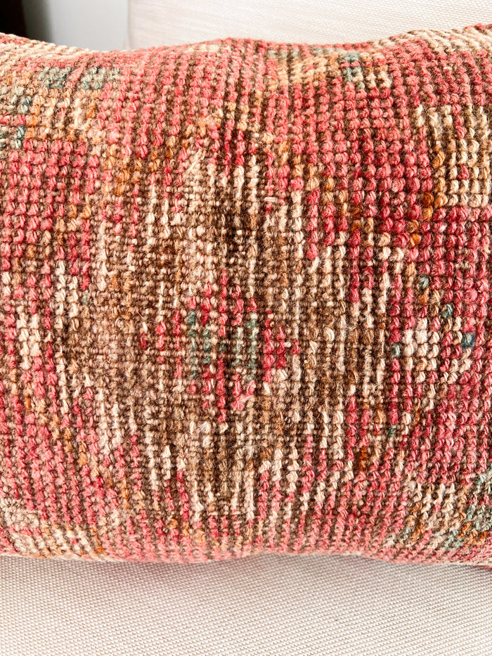 Handmade Turkish oushak pillow cover made with vintage rugs 16x24 beige and pink