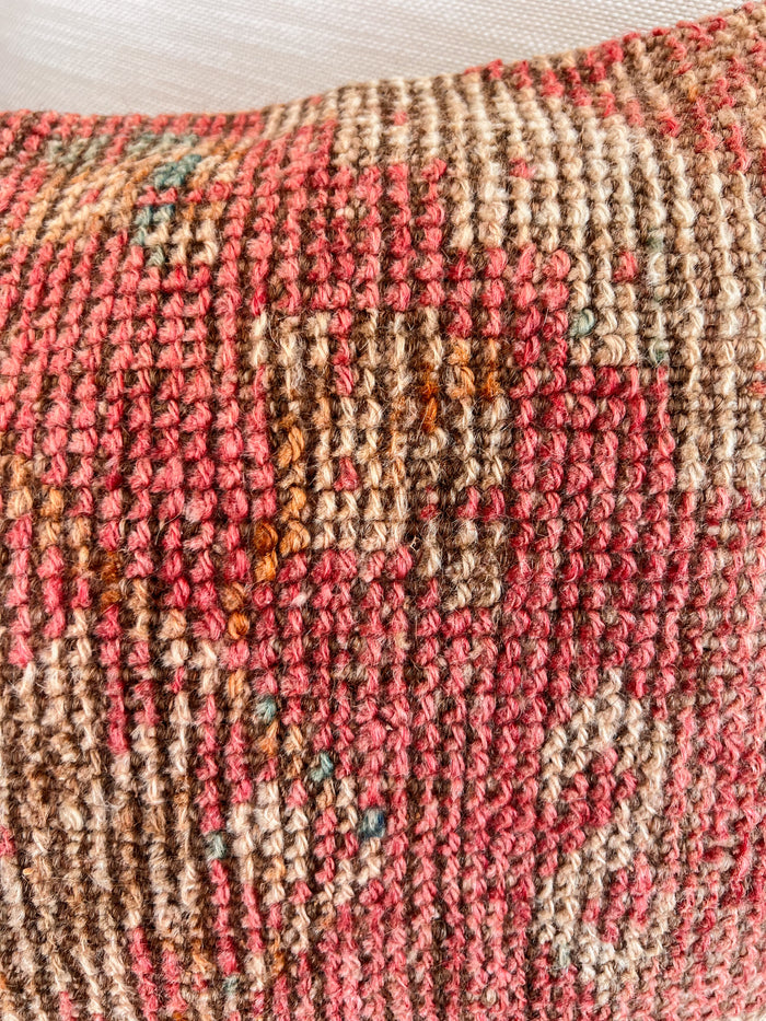Handmade Turkish oushak pillow cover made with vintage rugs 16x24 beige and pink