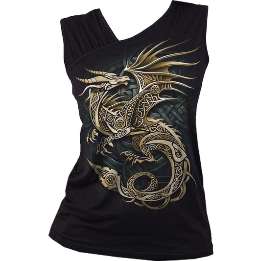 CELTIC DRAGON - Gathered Shoulder Slant Vest Black