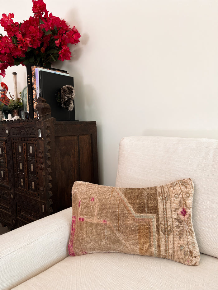Handmade traditional Turkish oushak pillow cover made with vintage rugs 12x20 beige tan taupe