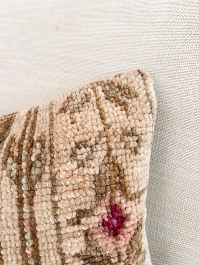 Handmade traditional Turkish oushak pillow cover made with vintage rugs 12x20 beige tan taupe