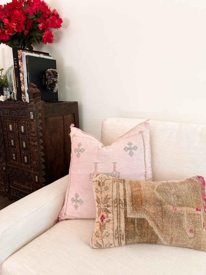 Handmade traditional Turkish oushak pillow cover made with vintage rugs 12x20 beige tan taupe