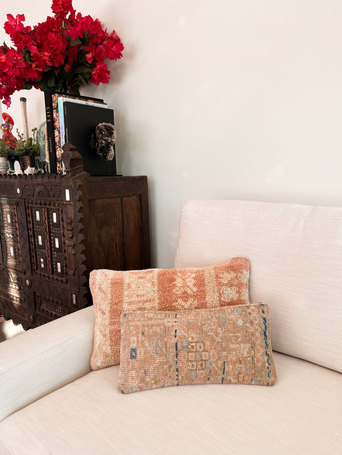 Handmade Turkish oushak pillow cover made with vintage rugs 12x20 cream and blush