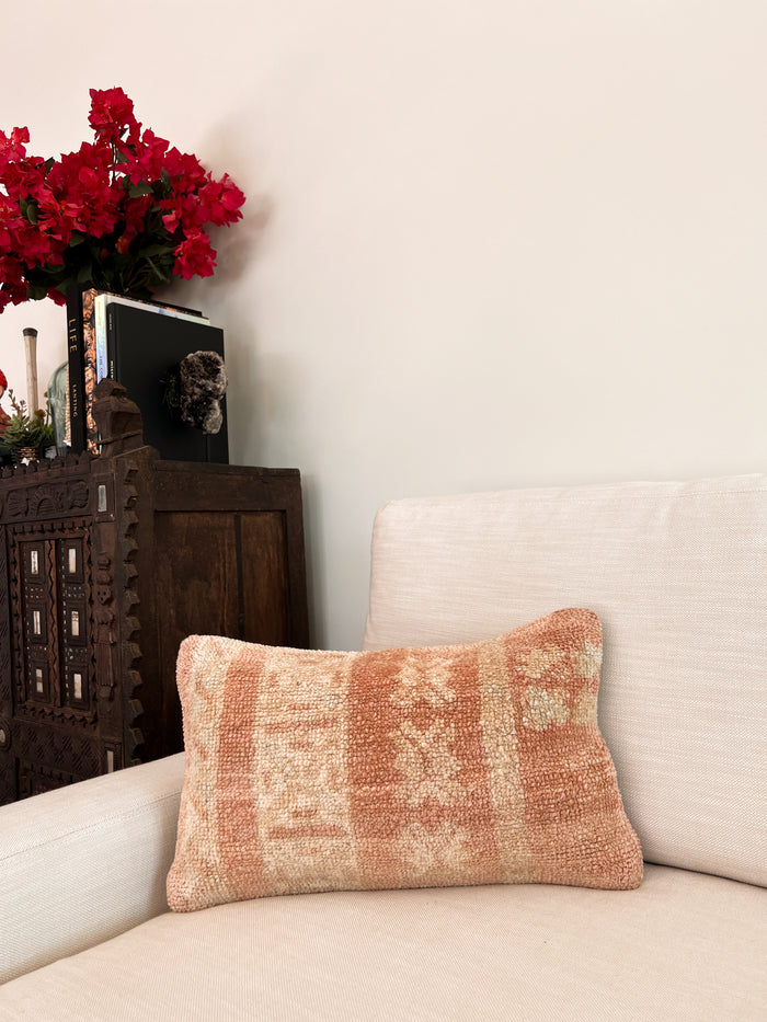 Handmade Turkish oushak pillow cover made with vintage rugs 12x20 cream and blush