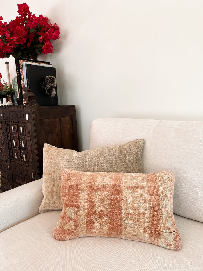 Handmade Turkish oushak pillow cover made with vintage rugs 12x20 cream and blush