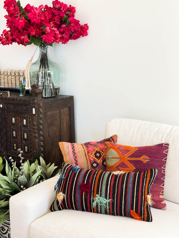 Chester Handmade Turkish kilim pillow cover made with vintage rugs 12x24 bold stripe
