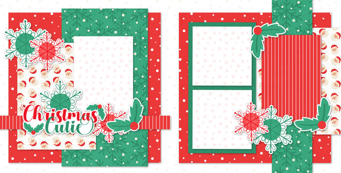 Two-page Christmas Cutie 12x12 scrapbook layout featuring bright red polka dots, green snowflake pattern, red vertical stripes, cream dotted background, small Santa face pattern, and soft pink snowflake pattern. Designed for Christmas memories and favorite photos.