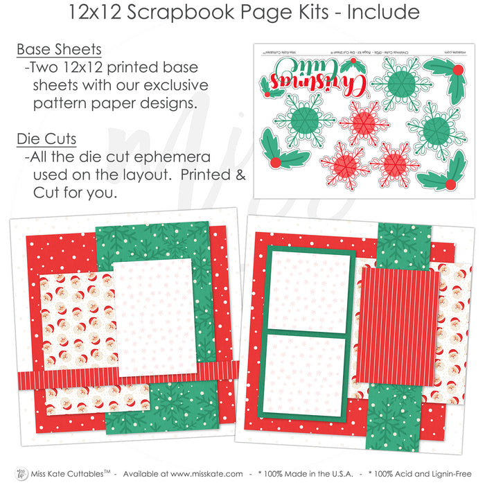 Christmas Cutie scrapbook page kit includes two coordinated 12x12 printed base sheets with matching die cuts and embellishments. Designed for Christmas memories and favorite photos.