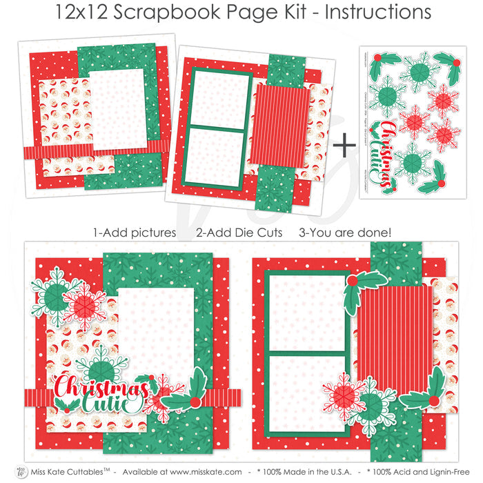 Christmas Cutie 12x12 scrapbook page kit instruction image showing the completed two-page layout and placement of coordinating papers, die cuts, and photo areas. Designed for Christmas memories and favorite photos.