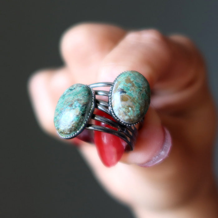 chrysocolla oval rings in gunmetal