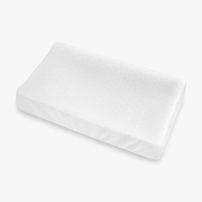 White changing pad cover blue polka dot white background