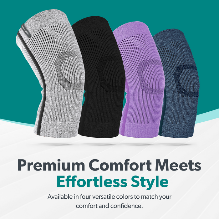 Comfort meets style in black, gray, lilac, and blue knee sleeves