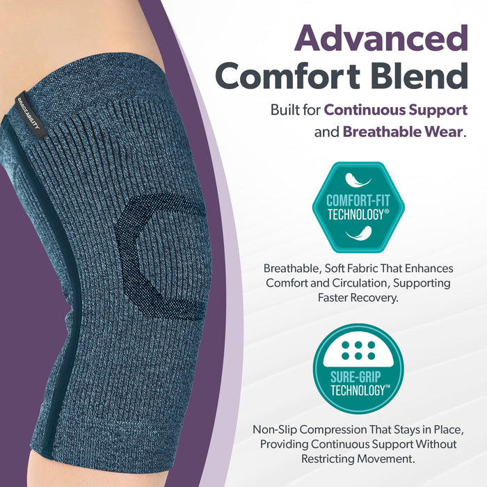 To apply, slide the knee sleeve over your leg and center on your kneecap