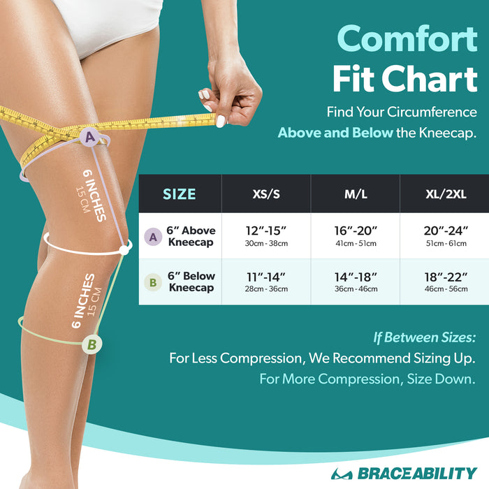 Sizing chart for BraceAbility compression athletic bamboo charcoal knee sleeve. Available in sizes XS-2XL