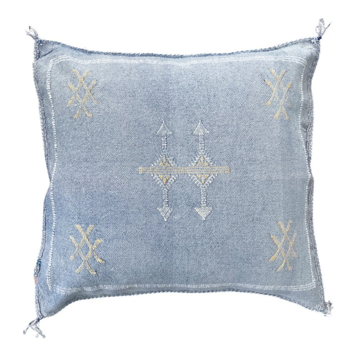 Artisanal Handmade Moroccan embroidered cactus silk sabra lumbar pillow blue handwoven boho eclectic decor