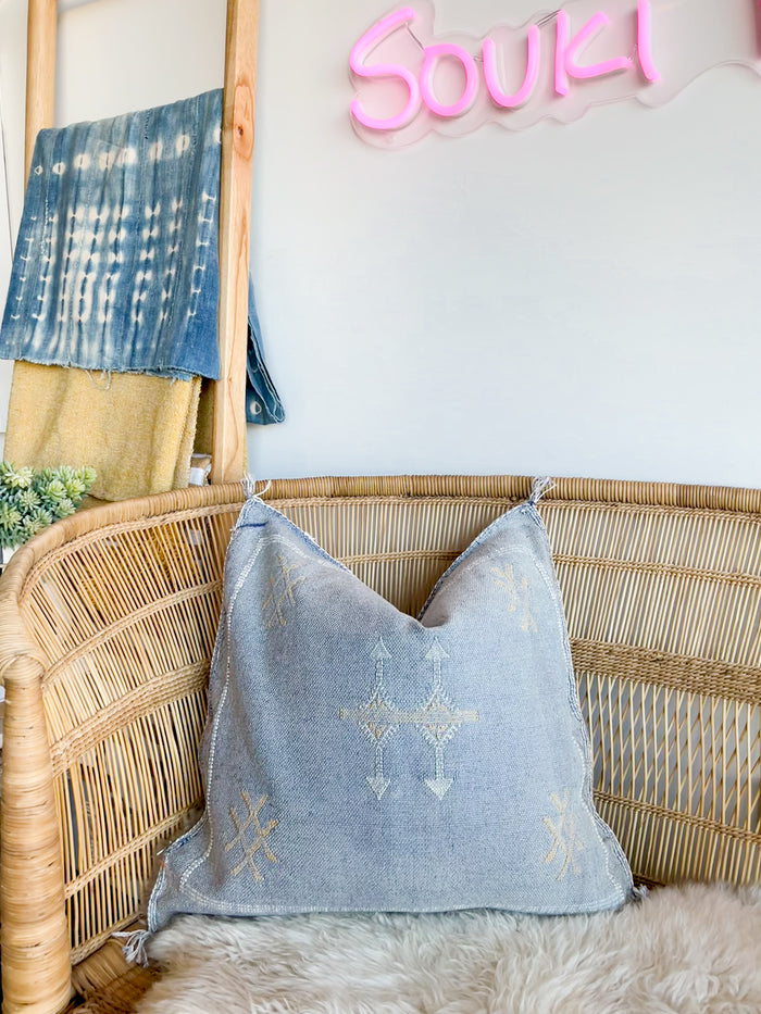 Artisanal Handmade Moroccan embroidered cactus silk sabra lumbar pillow blue handwoven boho eclectic decor