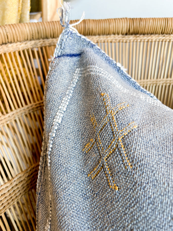 Artisanal Handmade Moroccan embroidered cactus silk sabra lumbar pillow blue handwoven boho eclectic decor