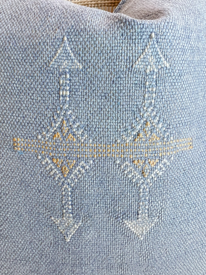 Artisanal Handmade Moroccan embroidered cactus silk sabra lumbar pillow blue handwoven boho eclectic decor
