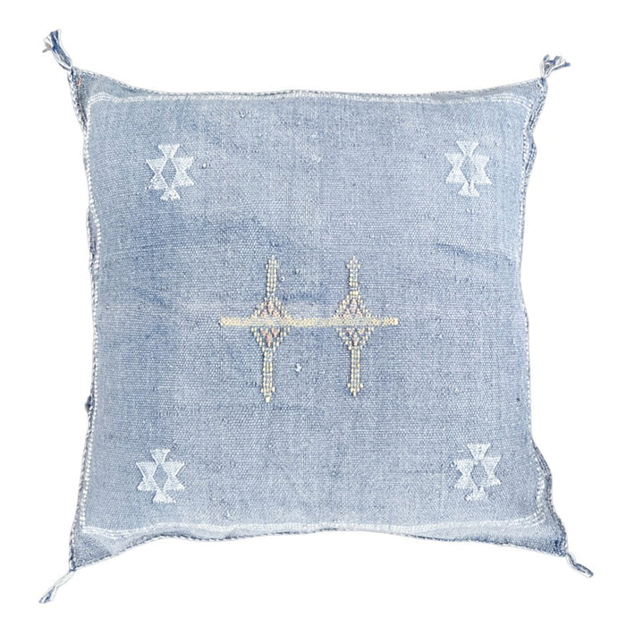 Artisanal Handmade Moroccan embroidered cactus silk sabra pillow faded blue handwoven
