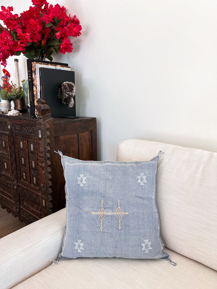 Artisanal Handmade Moroccan embroidered cactus silk sabra pillow faded blue handwoven