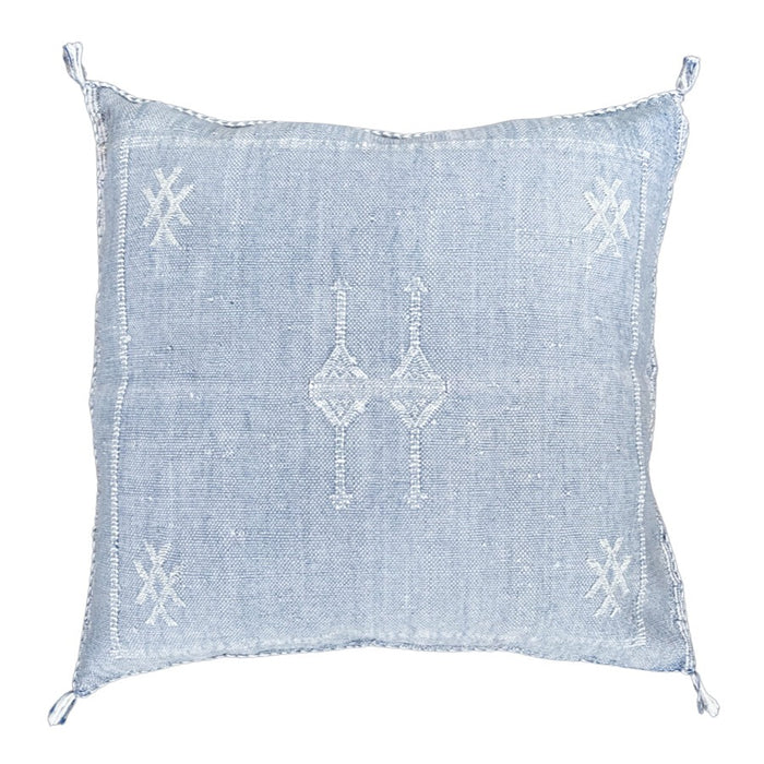 Artisanal Handmade Moroccan embroidered cactus silk sabra pillow faded blue handwoven