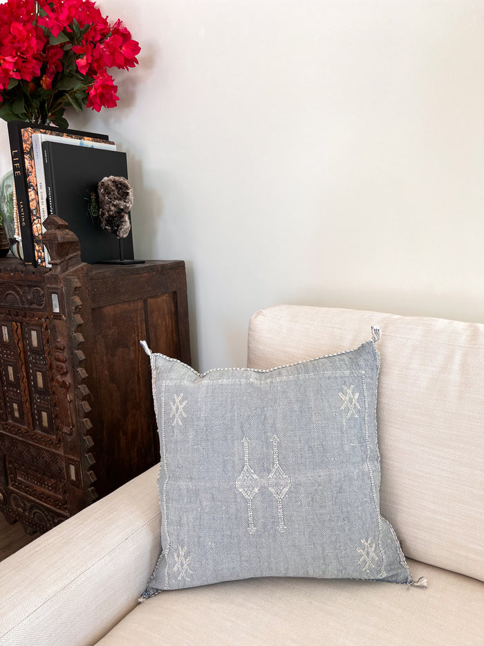 Artisanal Handmade Moroccan embroidered cactus silk sabra pillow faded blue handwoven