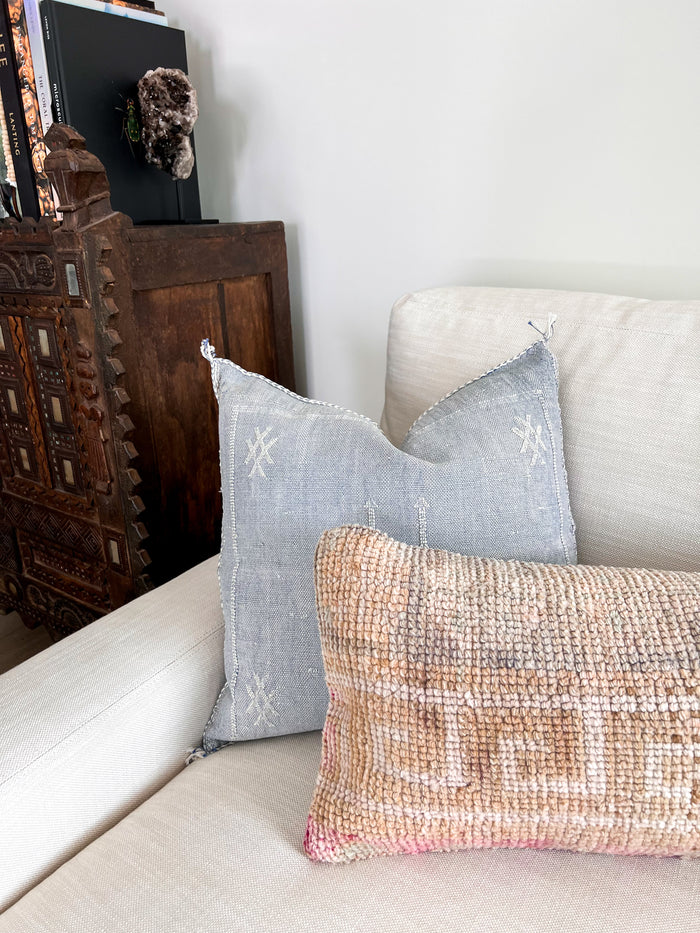 Artisanal Handmade Moroccan embroidered cactus silk sabra pillow faded blue handwoven