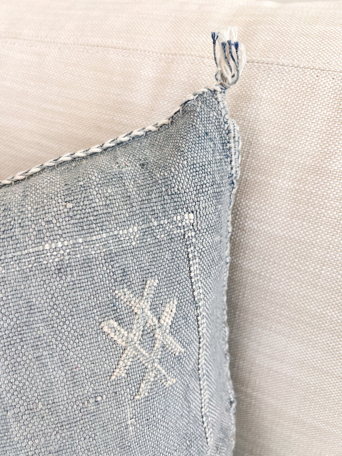 Artisanal Handmade Moroccan embroidered cactus silk sabra pillow faded blue handwoven