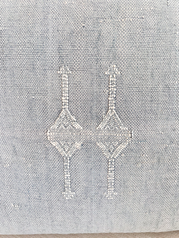 Artisanal Handmade Moroccan embroidered cactus silk sabra pillow faded blue handwoven