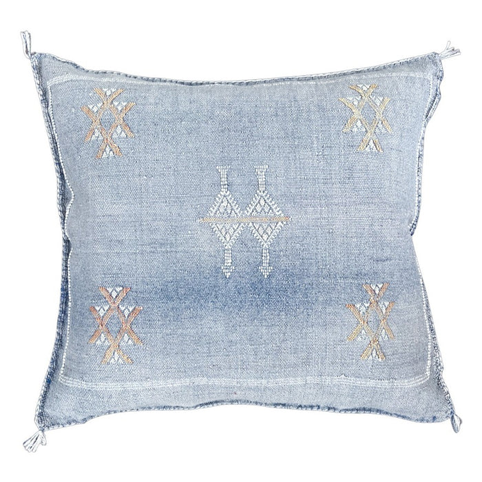 Artisanal Handmade Moroccan embroidered cactus silk sabra pillow faded blue handwoven