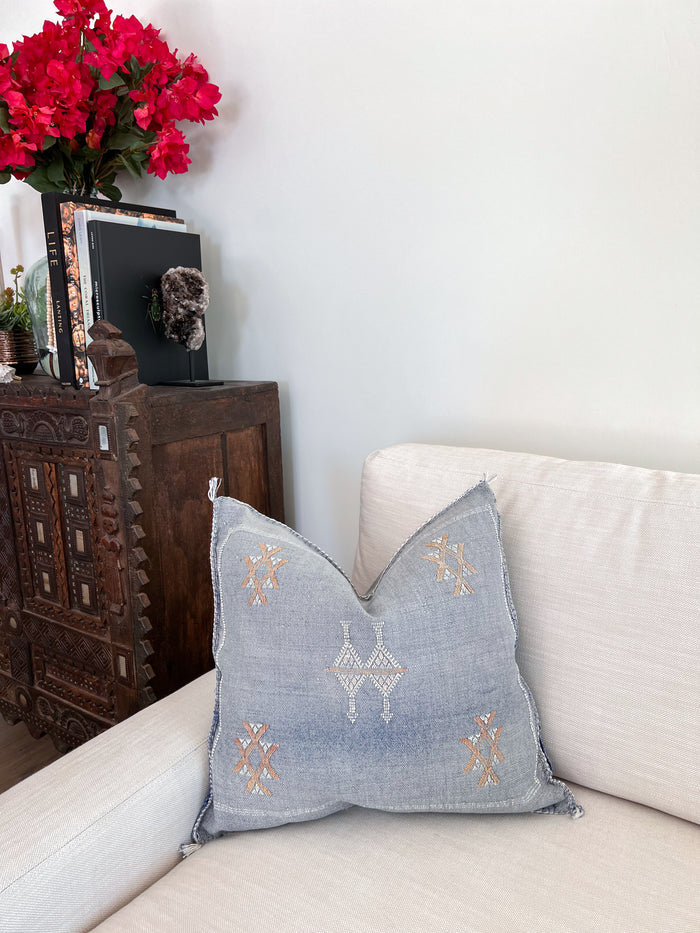 Artisanal Handmade Moroccan embroidered cactus silk sabra pillow faded blue handwoven