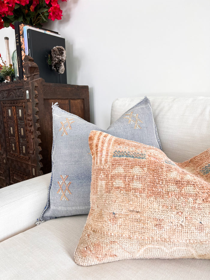 Artisanal Handmade Moroccan embroidered cactus silk sabra pillow faded blue handwoven